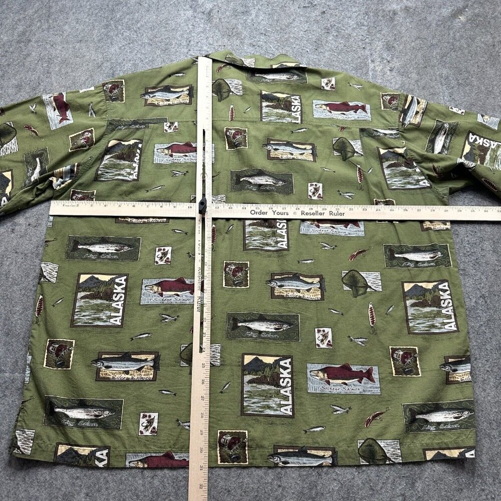 David Carey Camp Shirt Men 2XL Green Alaska Print Fish Graphic Short Sleeve - Picture 7 of 11